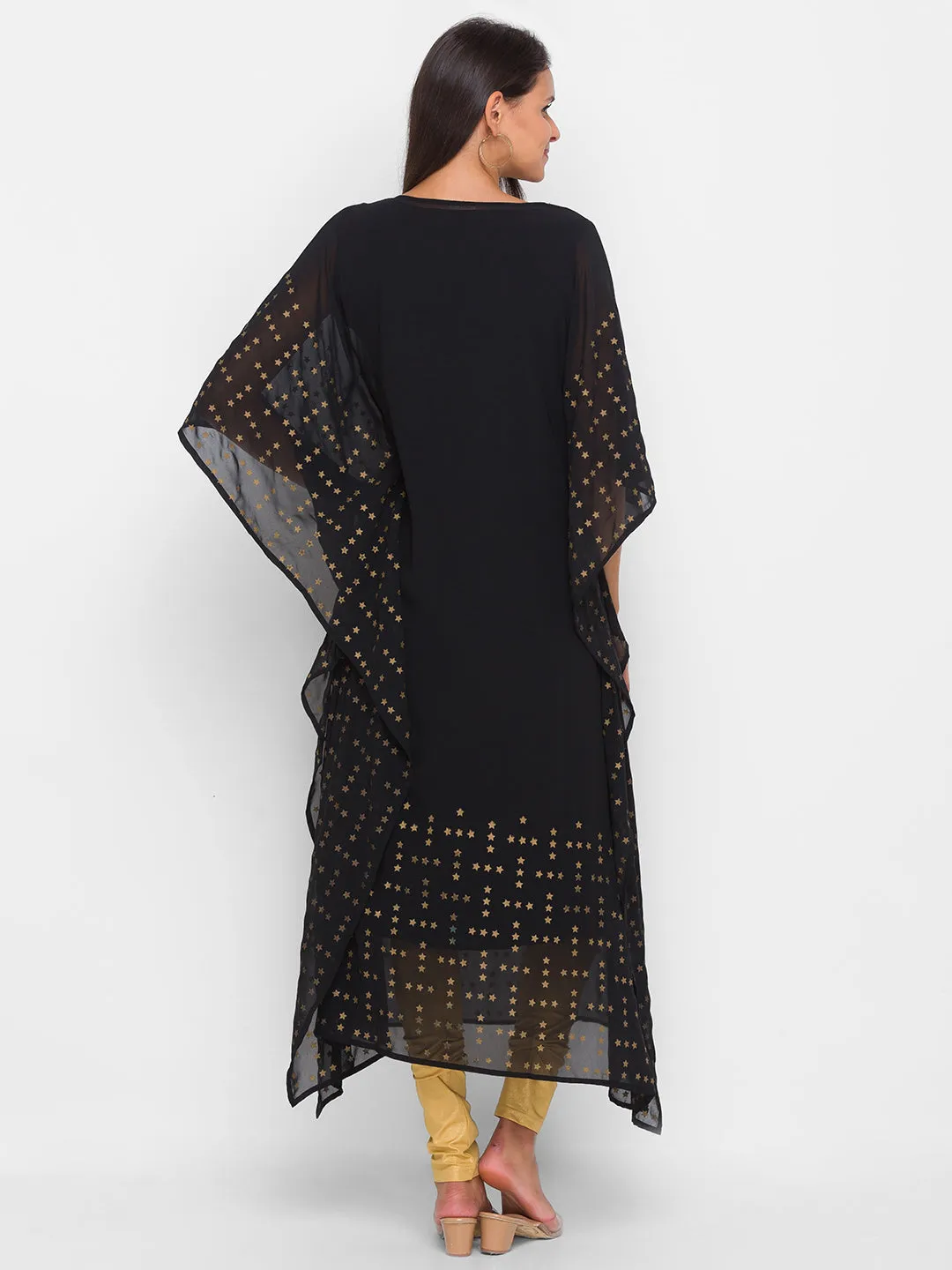 Georgette Round Neck Kimono Sleeves Black Ethnic Wear Kaftan for Women - ZOLA