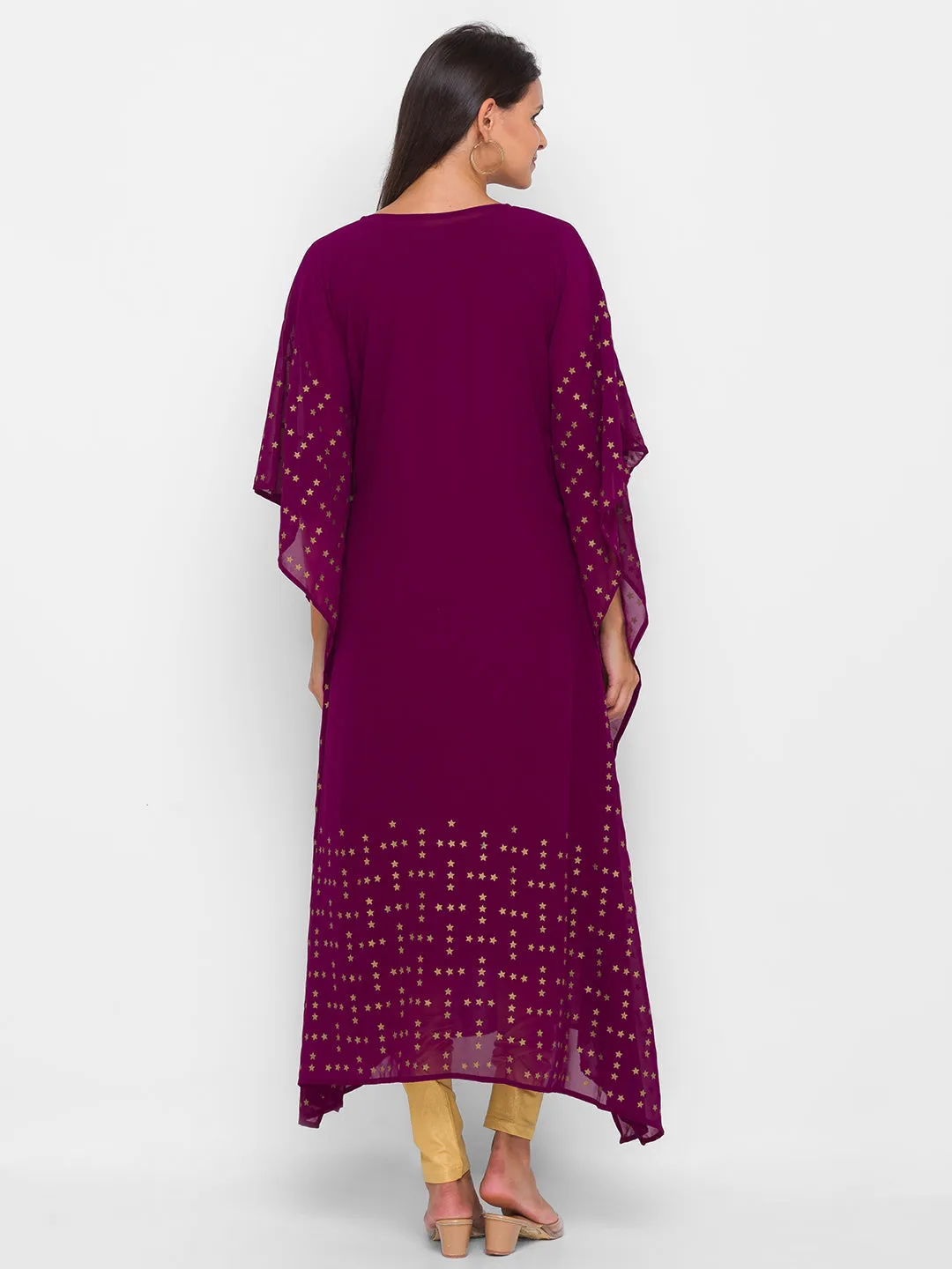 Georgette Round Neck Kimono Sleeves Magenta Ethnic Wear Kaftan for Women - ZOLA