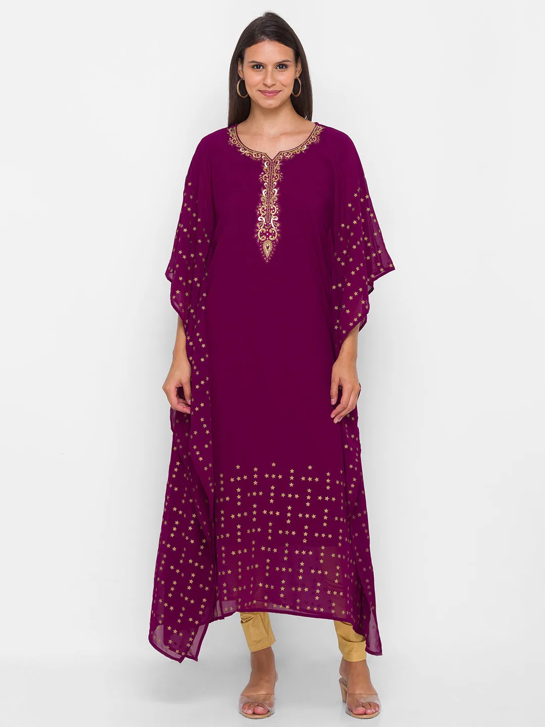 Georgette Round Neck Kimono Sleeves Magenta Ethnic Wear Kaftan for Women - ZOLA