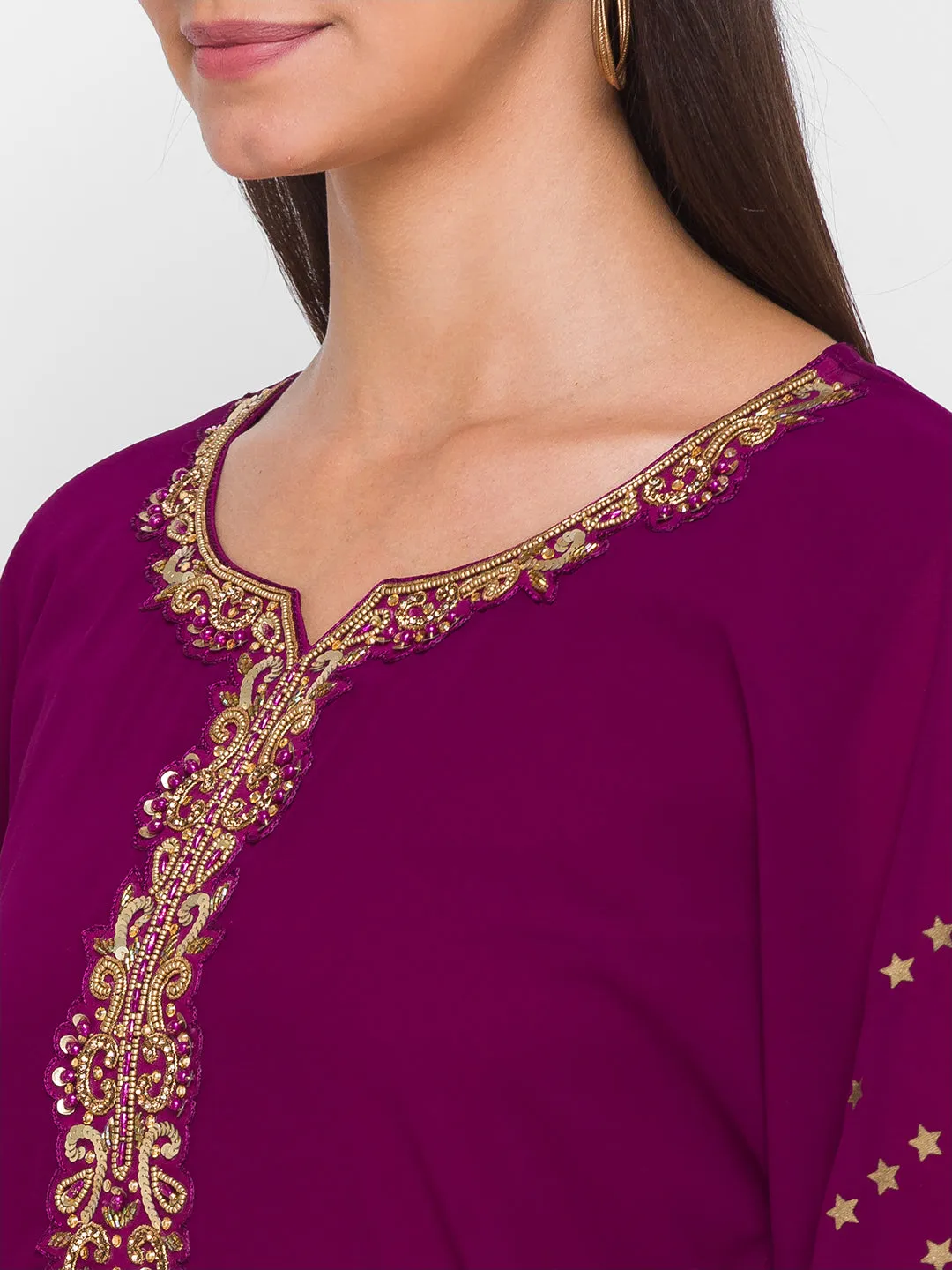 Georgette Round Neck Kimono Sleeves Magenta Ethnic Wear Kaftan for Women - ZOLA
