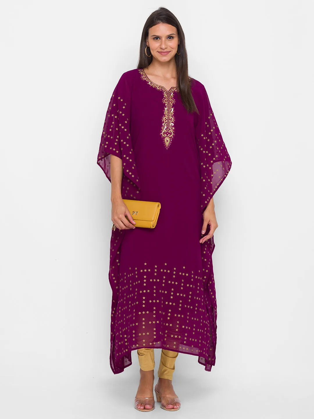 Georgette Round Neck Kimono Sleeves Magenta Ethnic Wear Kaftan for Women - ZOLA