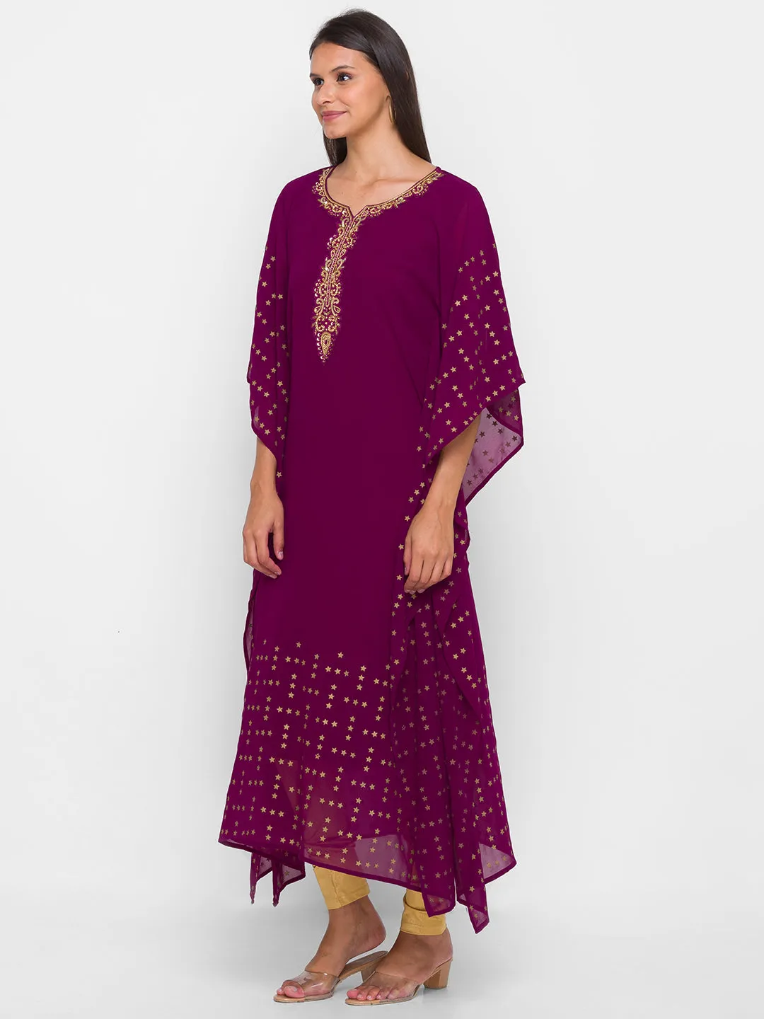 Georgette Round Neck Kimono Sleeves Magenta Ethnic Wear Kaftan for Women - ZOLA