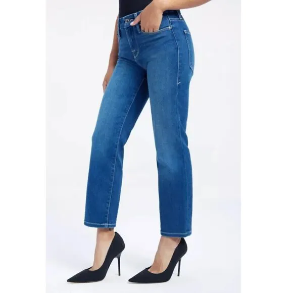 Good American Good Straight Leg Style GPS367T Blue 383 Stretch Mid Rise Size 0