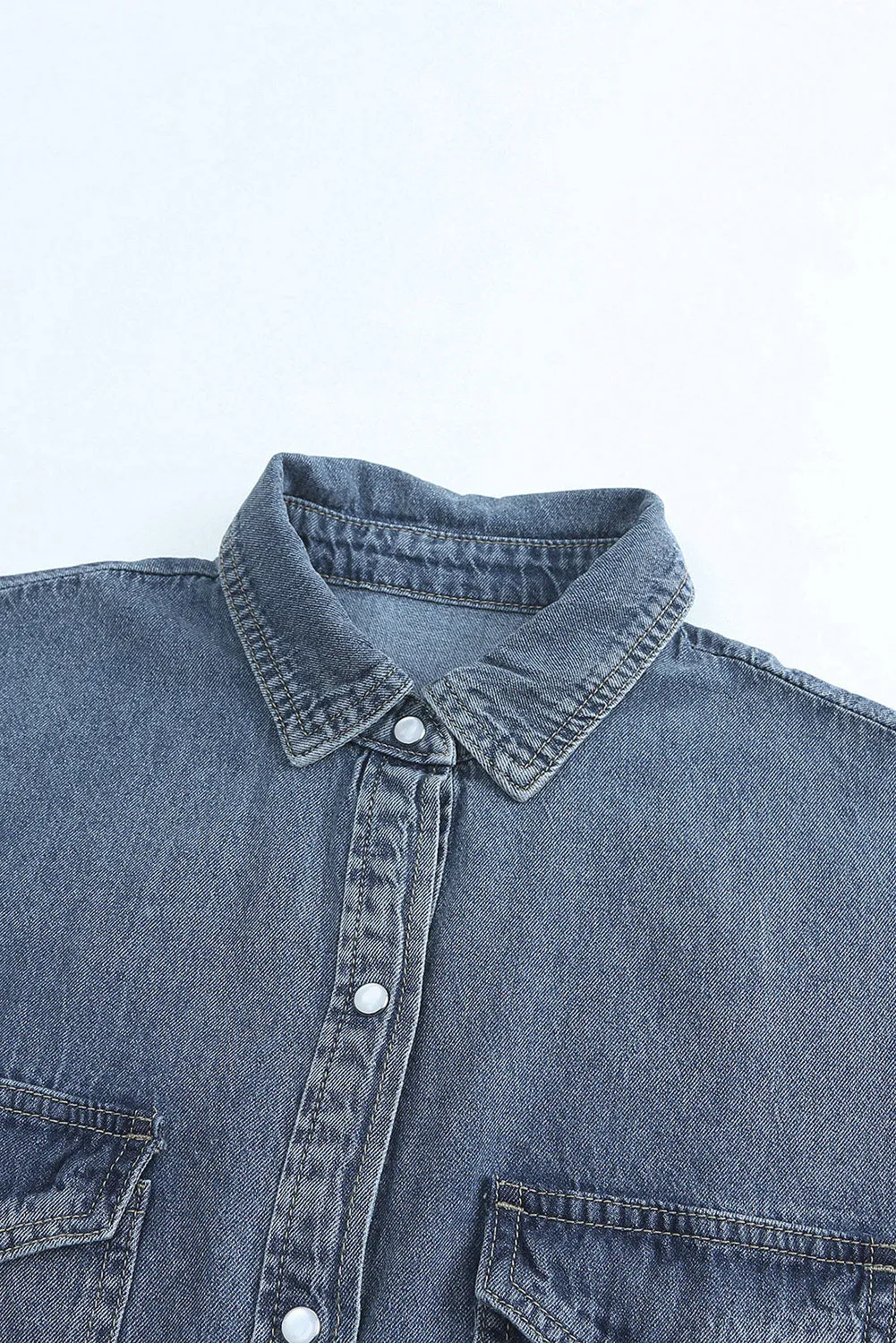 Gray Buttoned Frayed Pocket Short Sleeve Denim Dress