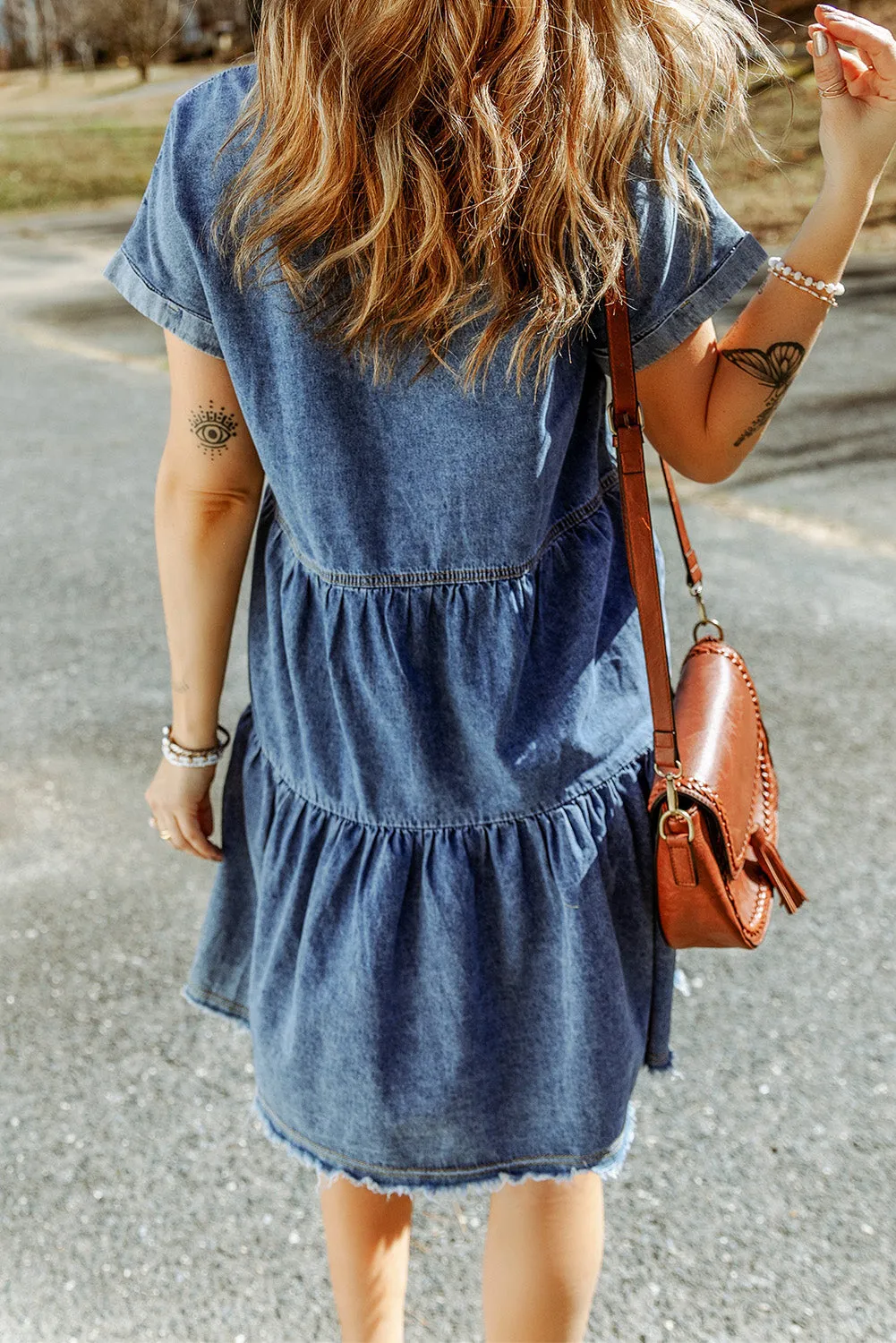 Gray Buttoned Frayed Pocket Short Sleeve Denim Dress