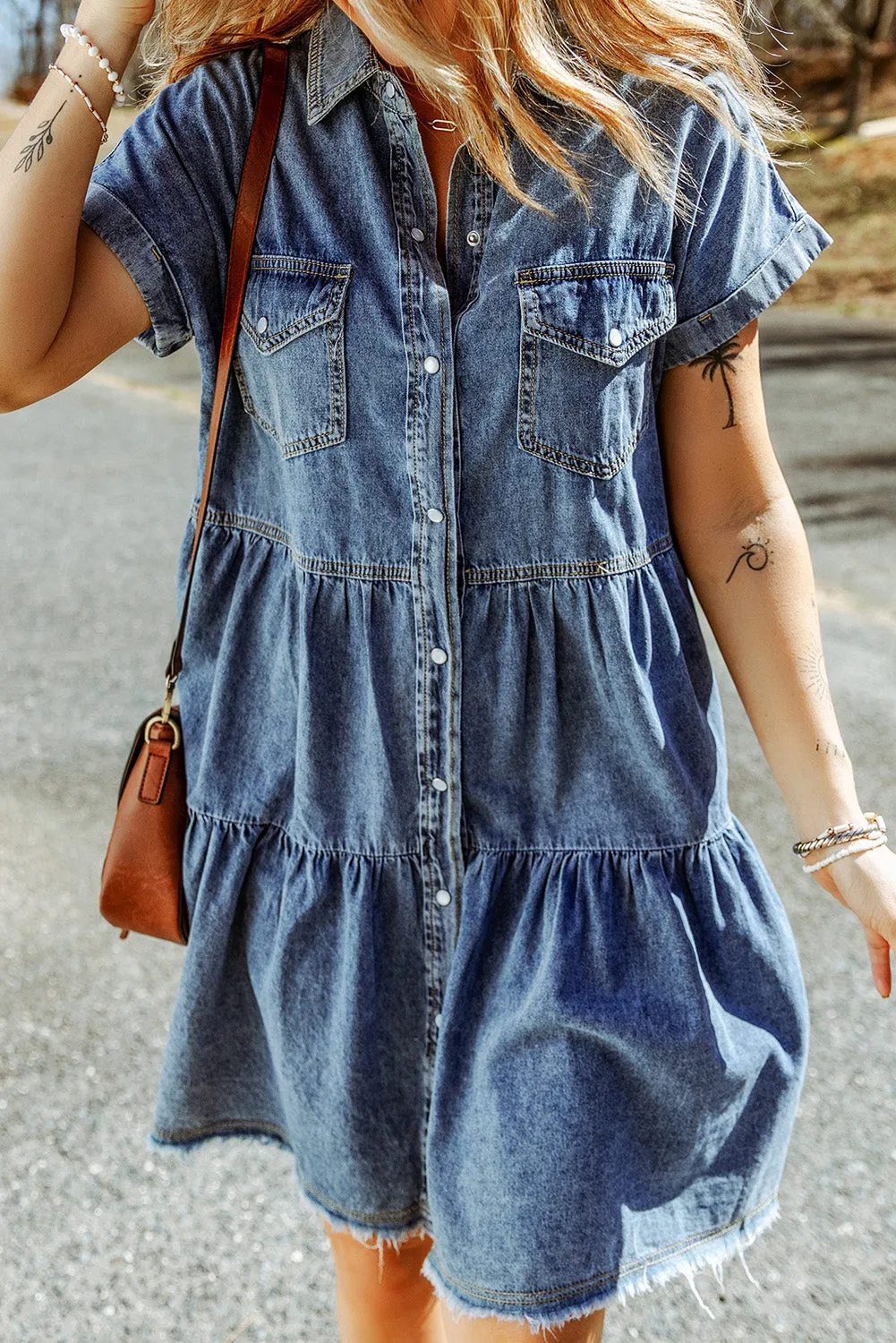 Gray Buttoned Frayed Pocket Short Sleeve Denim Dress