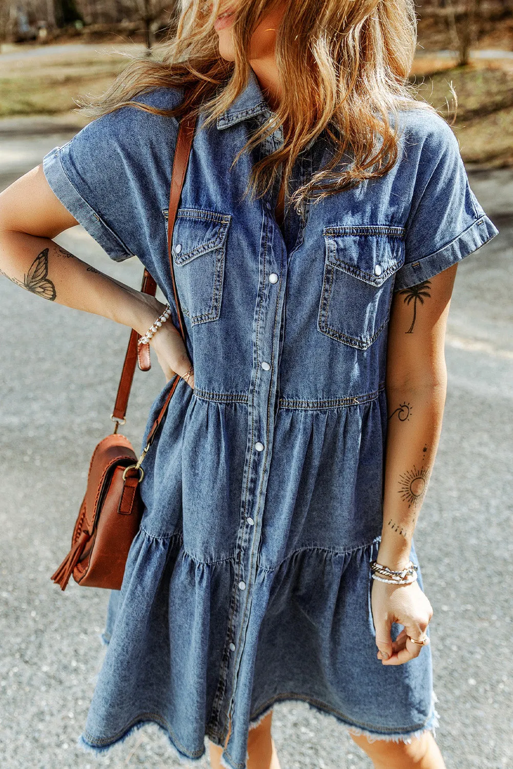 Gray Buttoned Frayed Pocket Short Sleeve Denim Dress