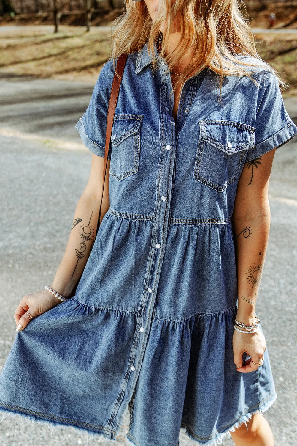 Gray Buttoned Frayed Pocket Short Sleeve Denim Dress