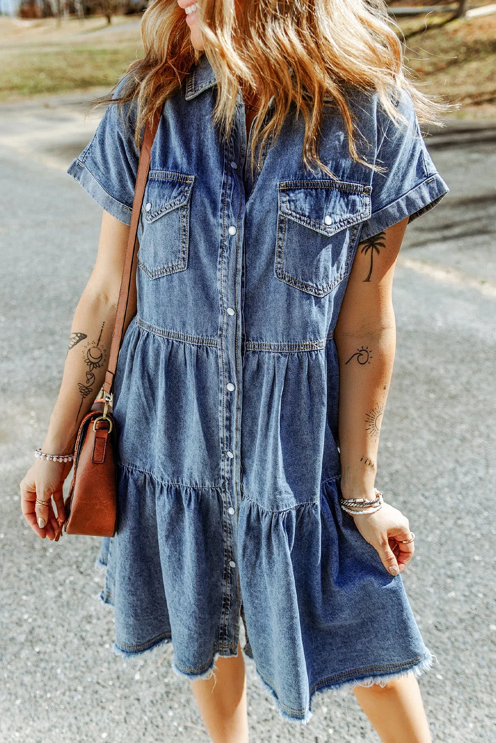 Gray Buttoned Frayed Pocket Short Sleeve Denim Dress