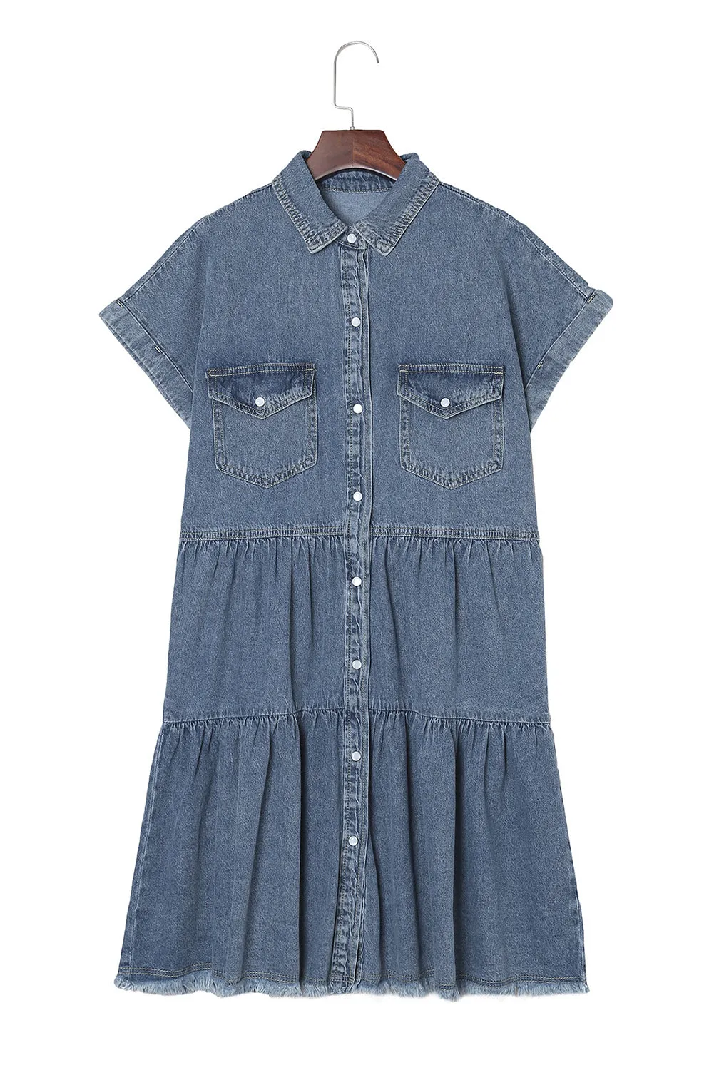 Gray Buttoned Frayed Pocket Short Sleeve Denim Dress