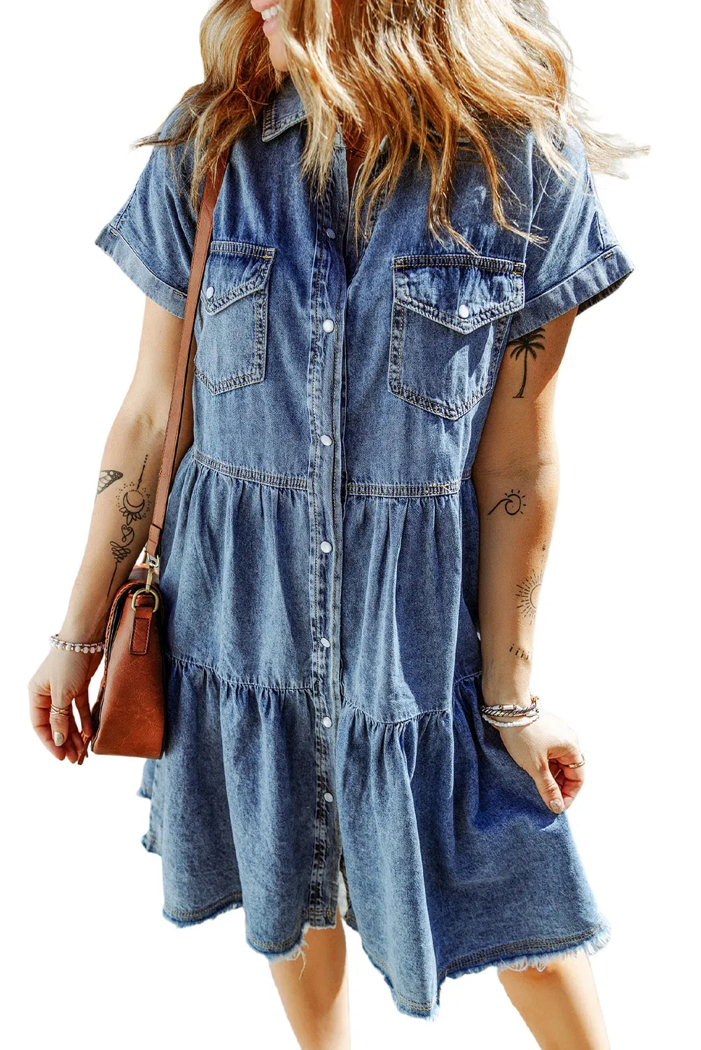 Gray Buttoned Frayed Pocket Short Sleeve Denim Dress