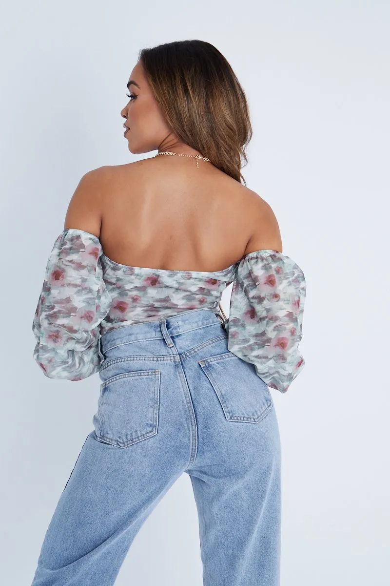 Green Floral Bardot Off The Shoulder Mesh Bodysuit - Hayle