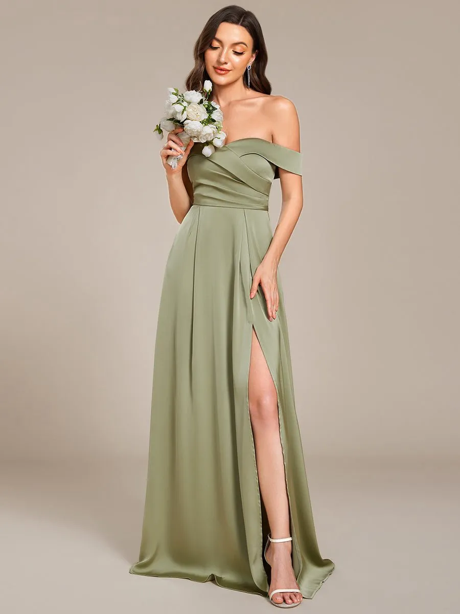 Hazel Light Olive Satin Bridesmaid Dress with Slit and lace up back