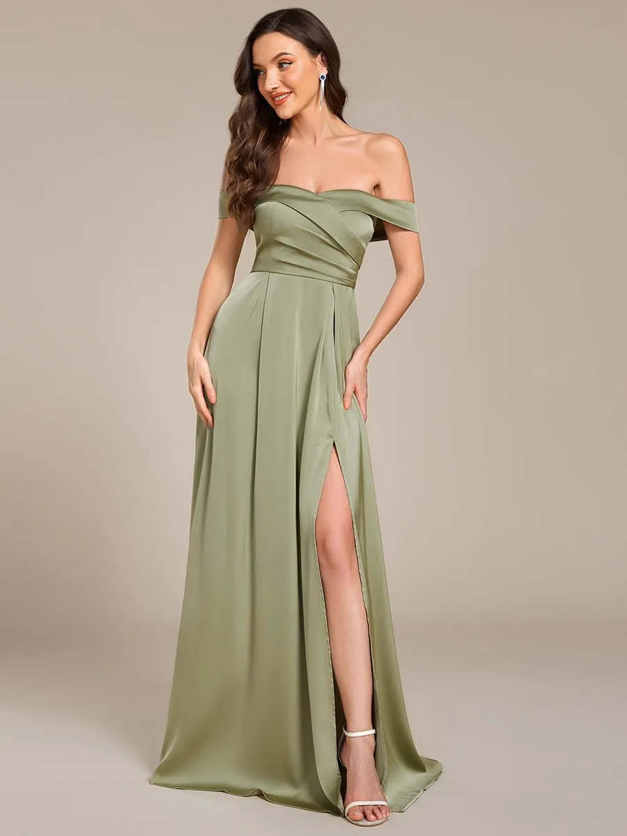 Hazel Light Olive Satin Bridesmaid Dress with Slit and lace up back