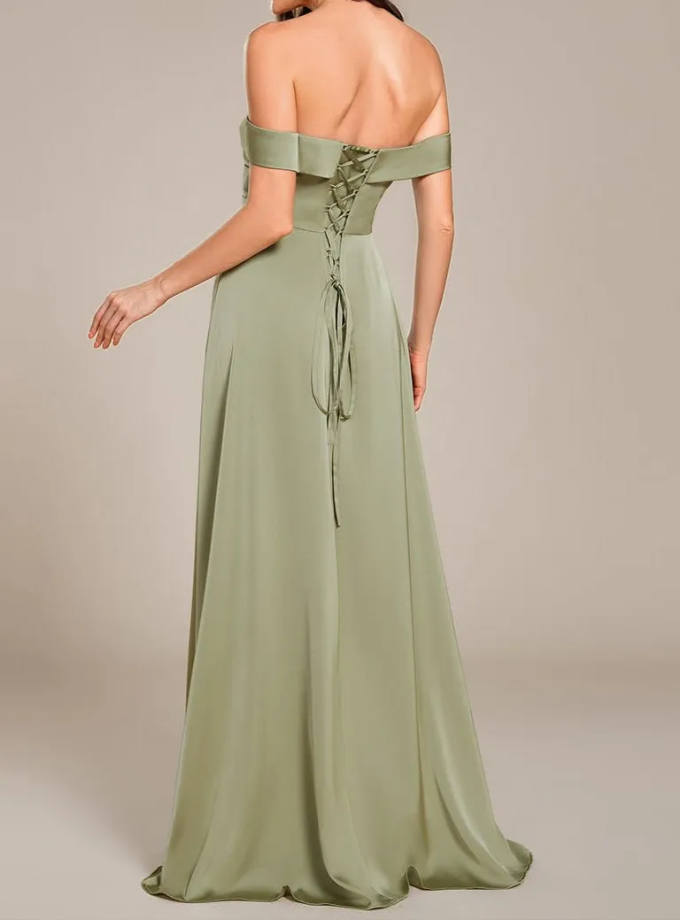 Hazel Light Olive Satin Bridesmaid Dress with Slit and lace up back