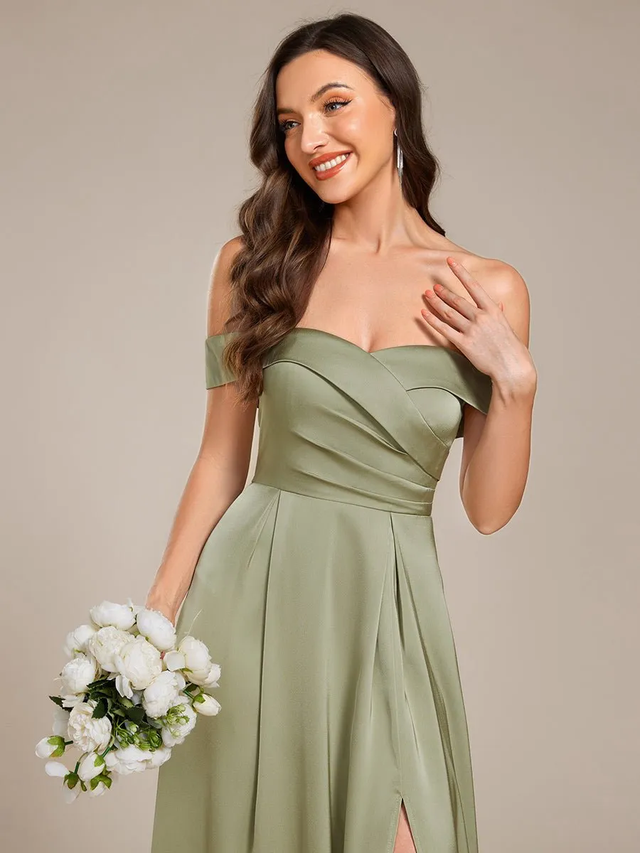 Hazel Light Olive Satin Bridesmaid Dress with Slit and lace up back
