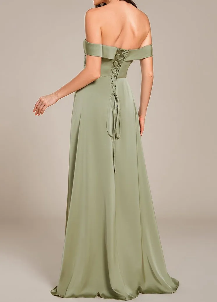 Hazel Light Olive Satin Bridesmaid Dress with Slit s6-8 Express NZ wide