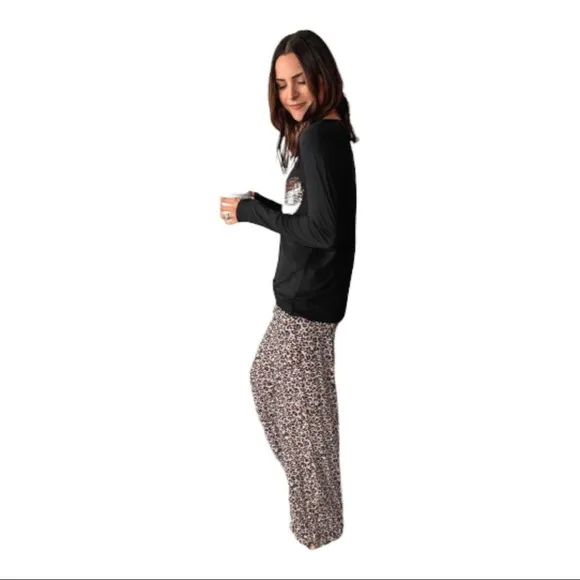 Heart Shaped Print Long Sleeve Top and Leopard Print Pants Lounge Set