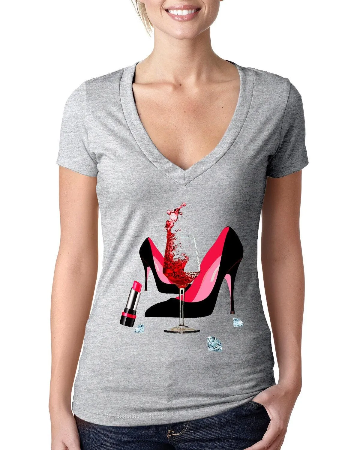 High Heel Shoes | Lipstick | Glass Wine | Diamonds ,Fashion High Heel Tee,Womans Red Gold Birthday Next Level  Deep V Bella Canvas Tee