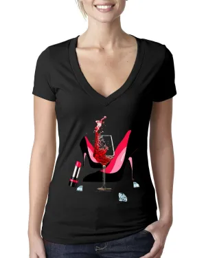 High Heel Shoes | Lipstick | Glass Wine | Diamonds ,Fashion High Heel Tee,Womans Red Gold Birthday Next Level  Deep V Bella Canvas Tee
