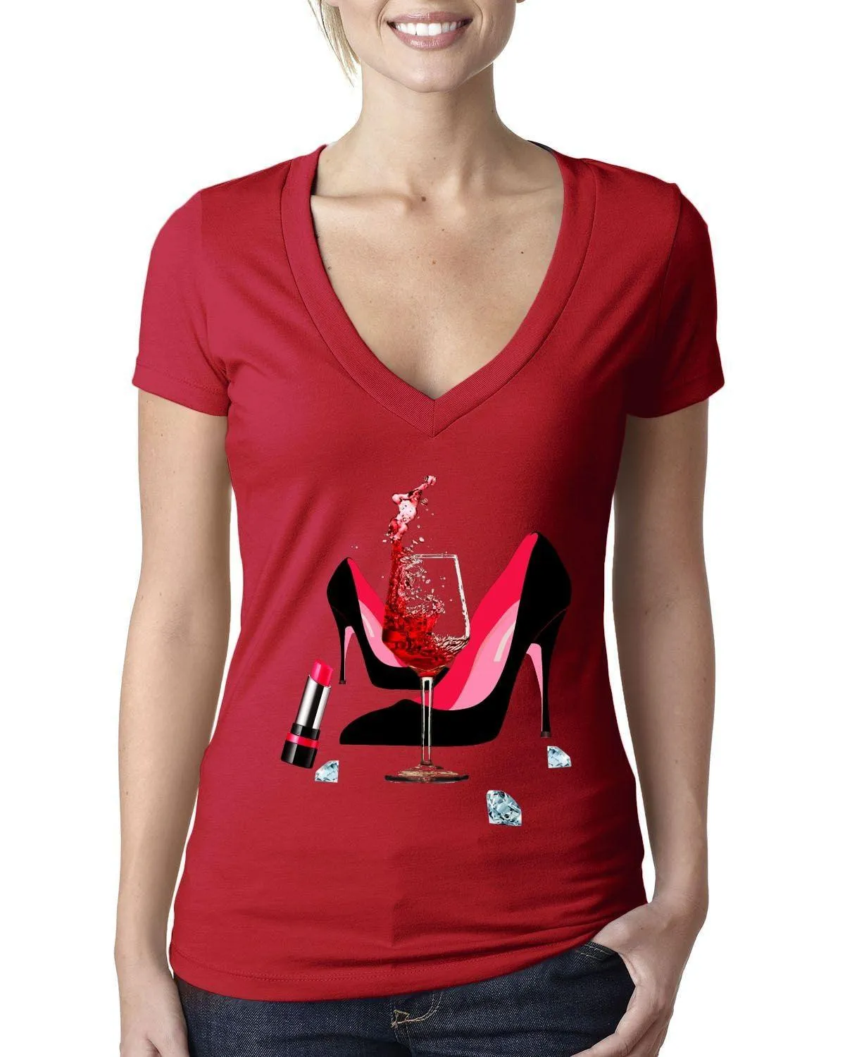 High Heel Shoes | Lipstick | Glass Wine | Diamonds ,Fashion High Heel Tee,Womans Red Gold Birthday Next Level  Deep V Bella Canvas Tee