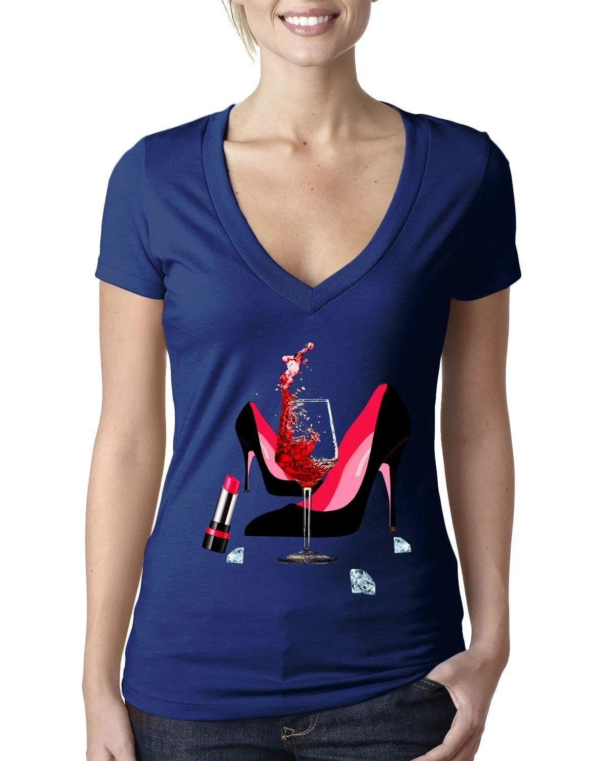 High Heel Shoes | Lipstick | Glass Wine | Diamonds ,Fashion High Heel Tee,Womans Red Gold Birthday Next Level  Deep V Bella Canvas Tee
