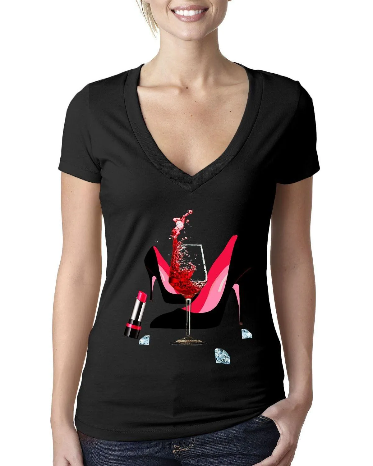 High Heel Shoes | Lipstick | Glass Wine | Diamonds ,Fashion High Heel Tee,Womans Red Gold Birthday Next Level  Deep V Bella Canvas Tee