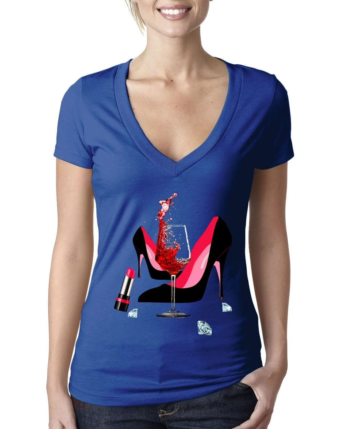 High Heel Shoes | Lipstick | Glass Wine | Diamonds ,Fashion High Heel Tee,Womans Red Gold Birthday Next Level  Deep V Bella Canvas Tee