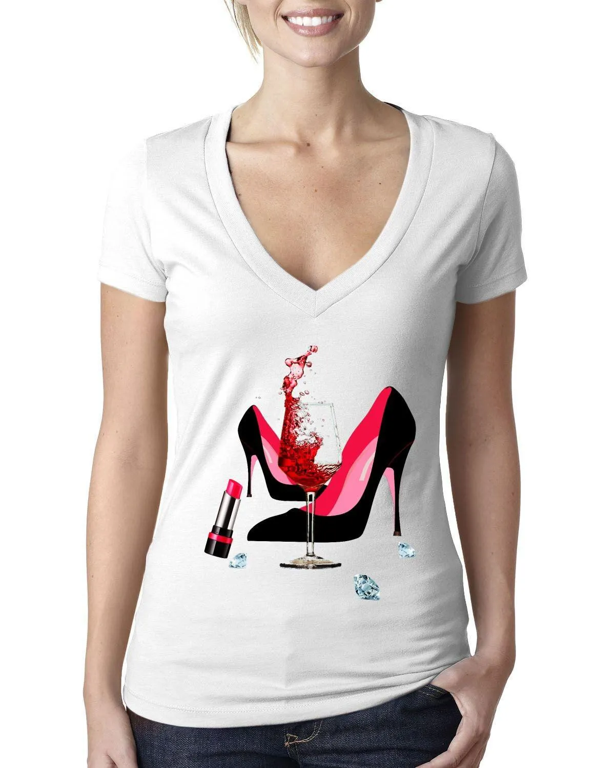 High Heel Shoes | Lipstick | Glass Wine | Diamonds ,Fashion High Heel Tee,Womans Red Gold Birthday Next Level  Deep V Bella Canvas Tee