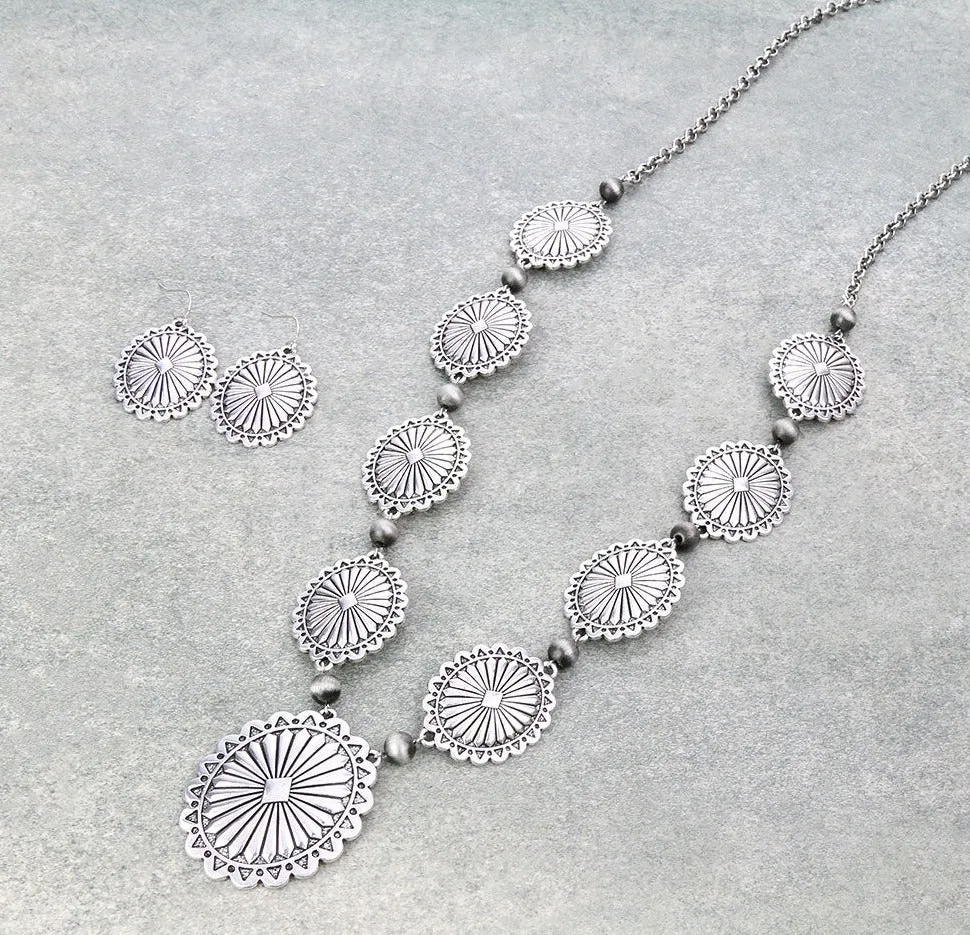 Hoover Fashion Concho Y Necklace & Earrings - Silver