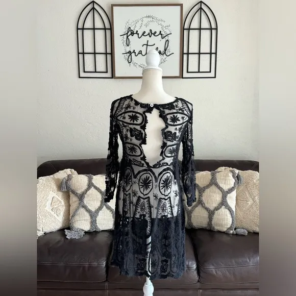 Jen's Pirate Booty Free People Black Lace Teardrop Pixie Dress Size S Boho Cute