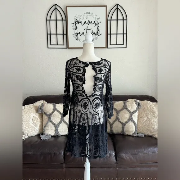Jen's Pirate Booty Free People Black Lace Teardrop Pixie Dress Size S Boho Cute