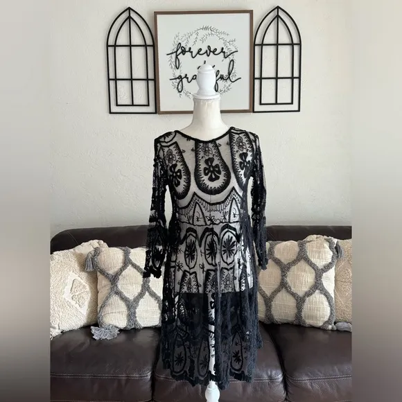 Jen's Pirate Booty Free People Black Lace Teardrop Pixie Dress Size S Boho Cute