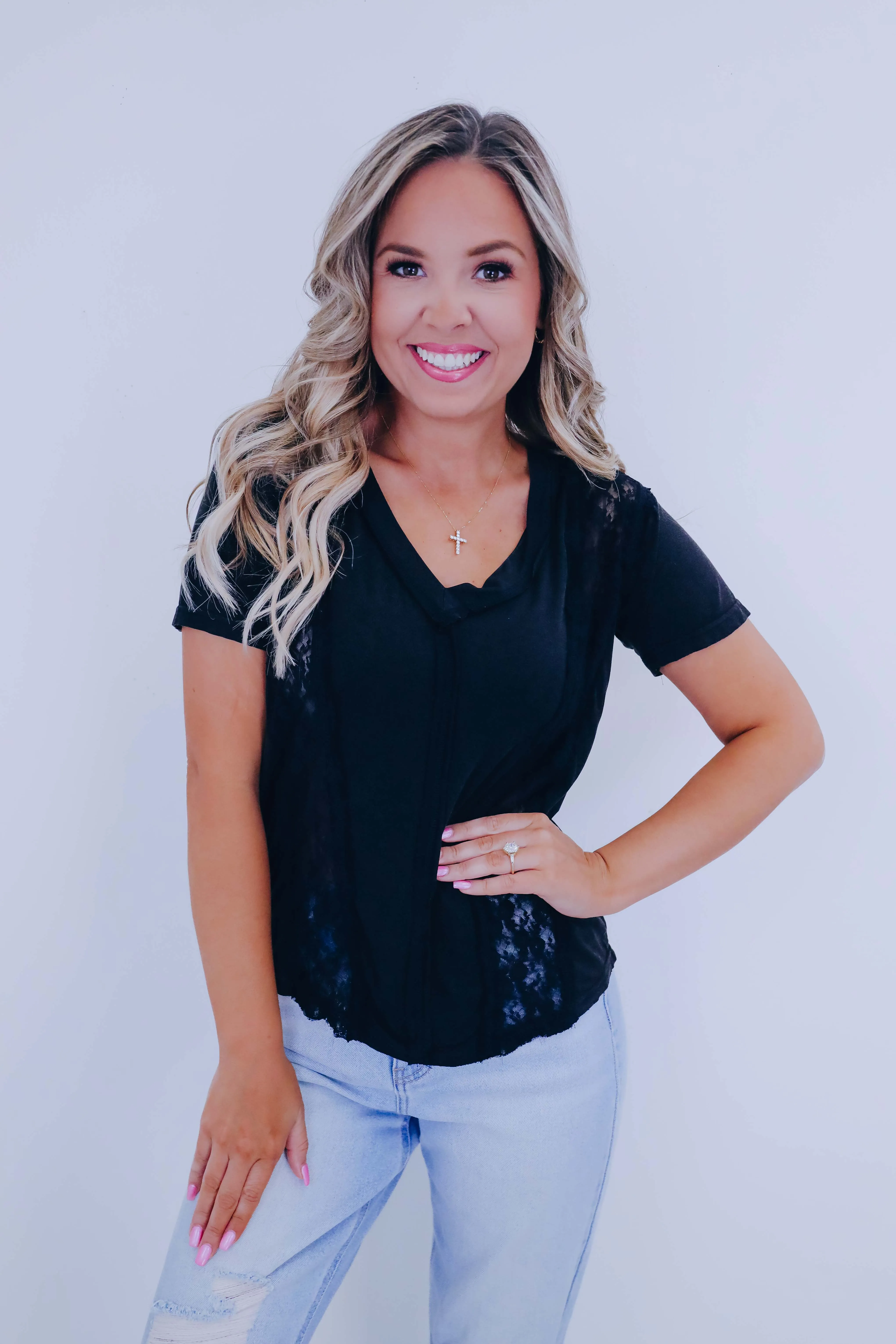 Kaci Contrasting Lace V-Neck Top By POL - 3 Colors
