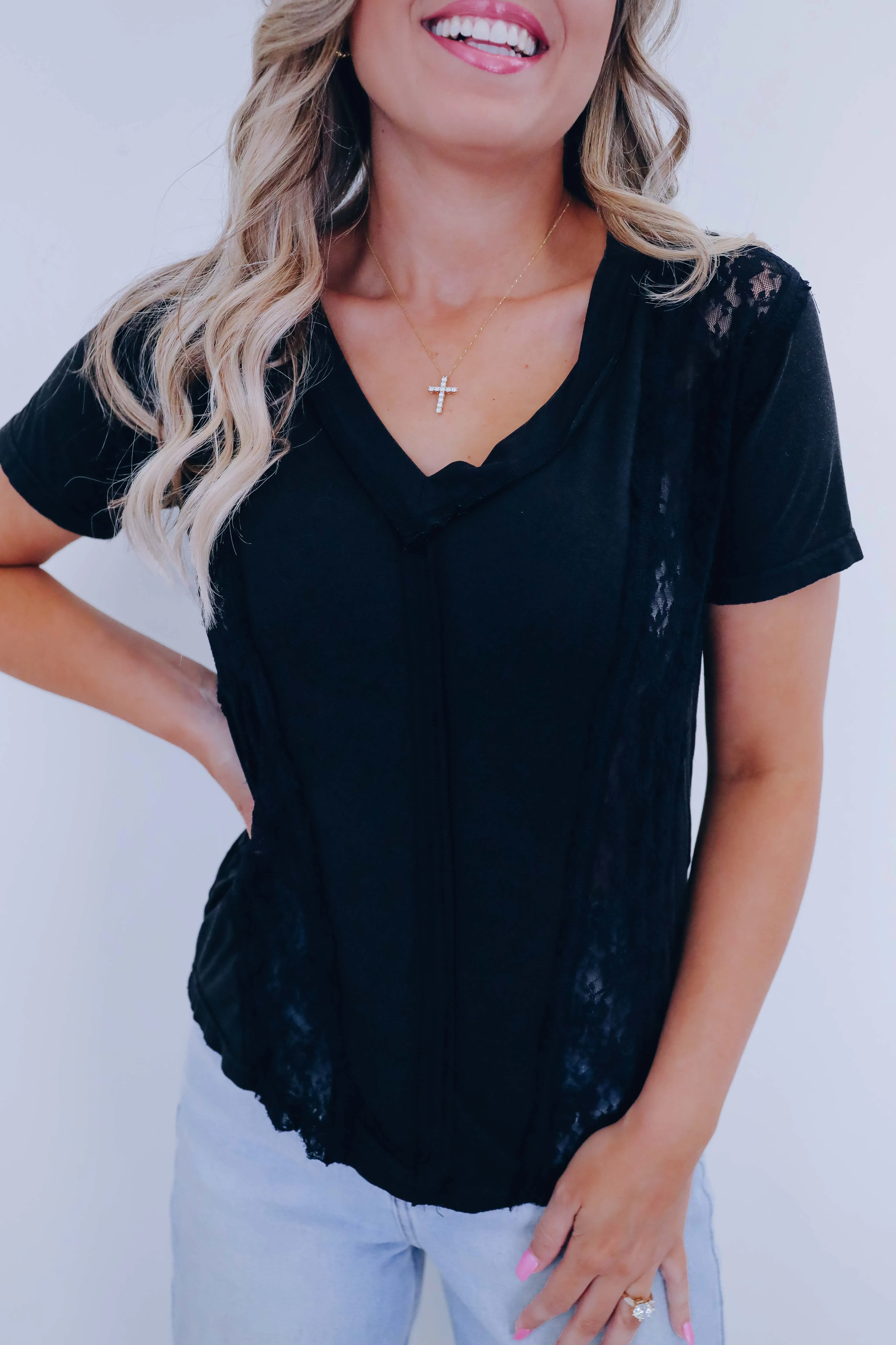 Kaci Contrasting Lace V-Neck Top By POL - 3 Colors