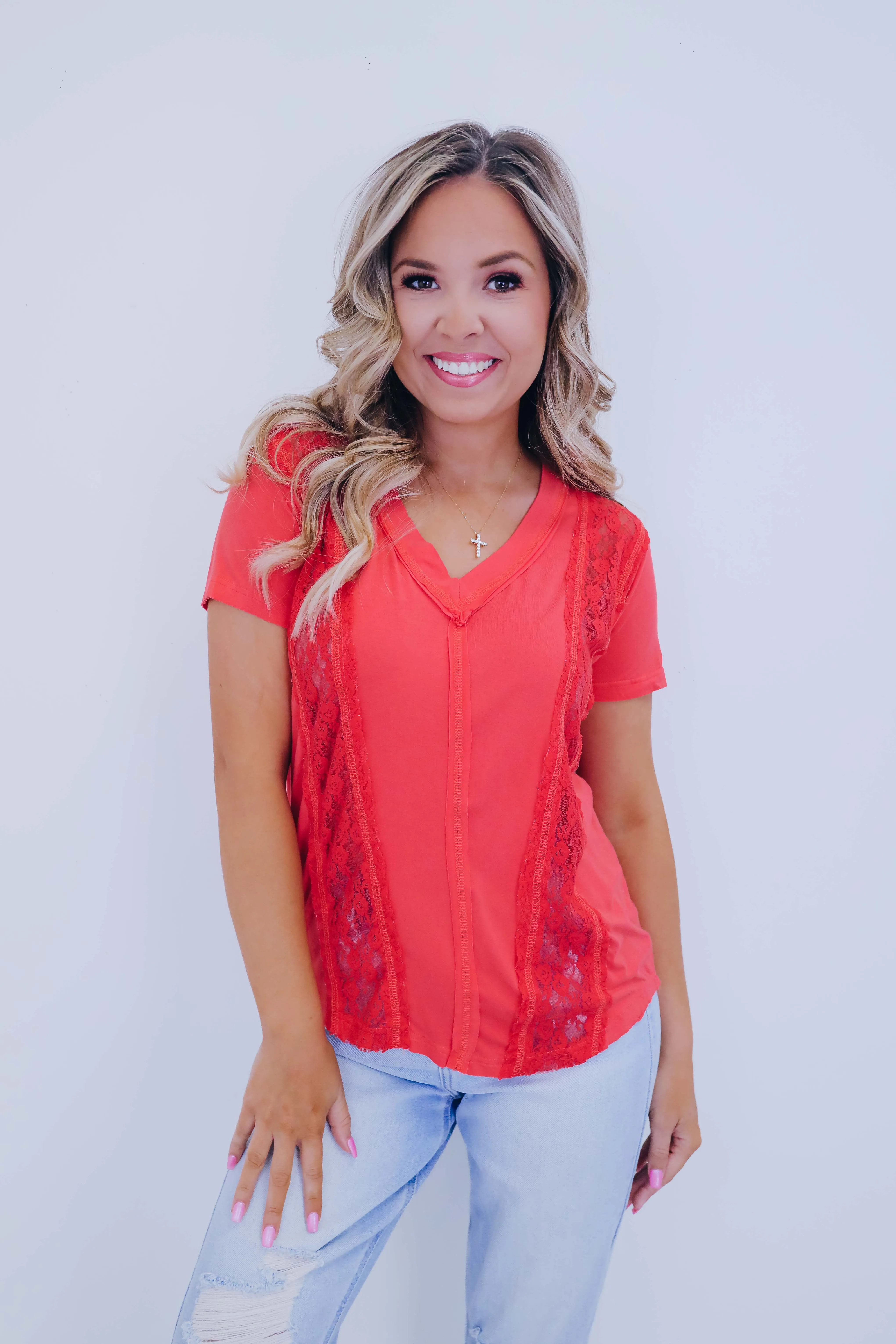 Kaci Contrasting Lace V-Neck Top By POL - 3 Colors