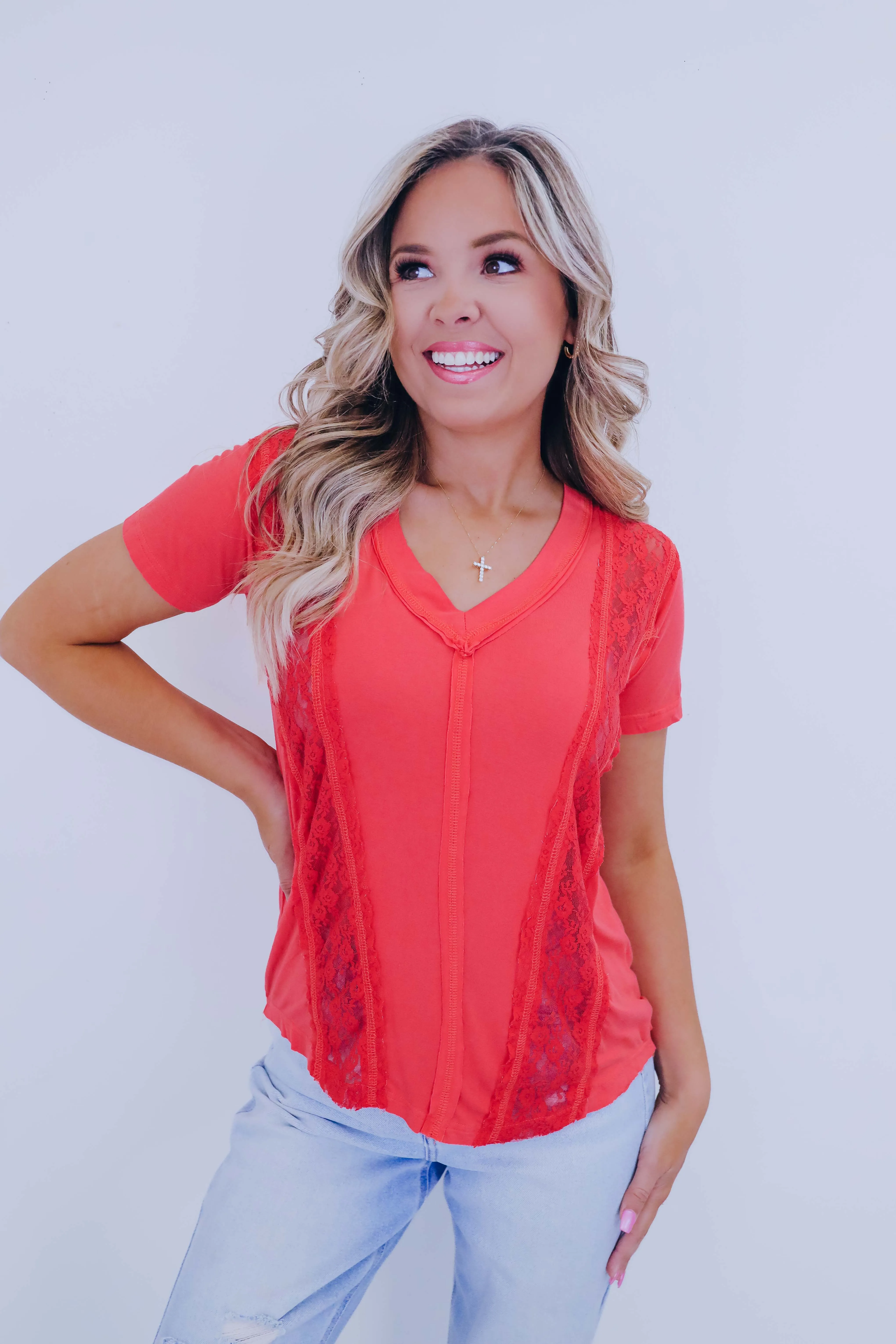 Kaci Contrasting Lace V-Neck Top By POL - 3 Colors