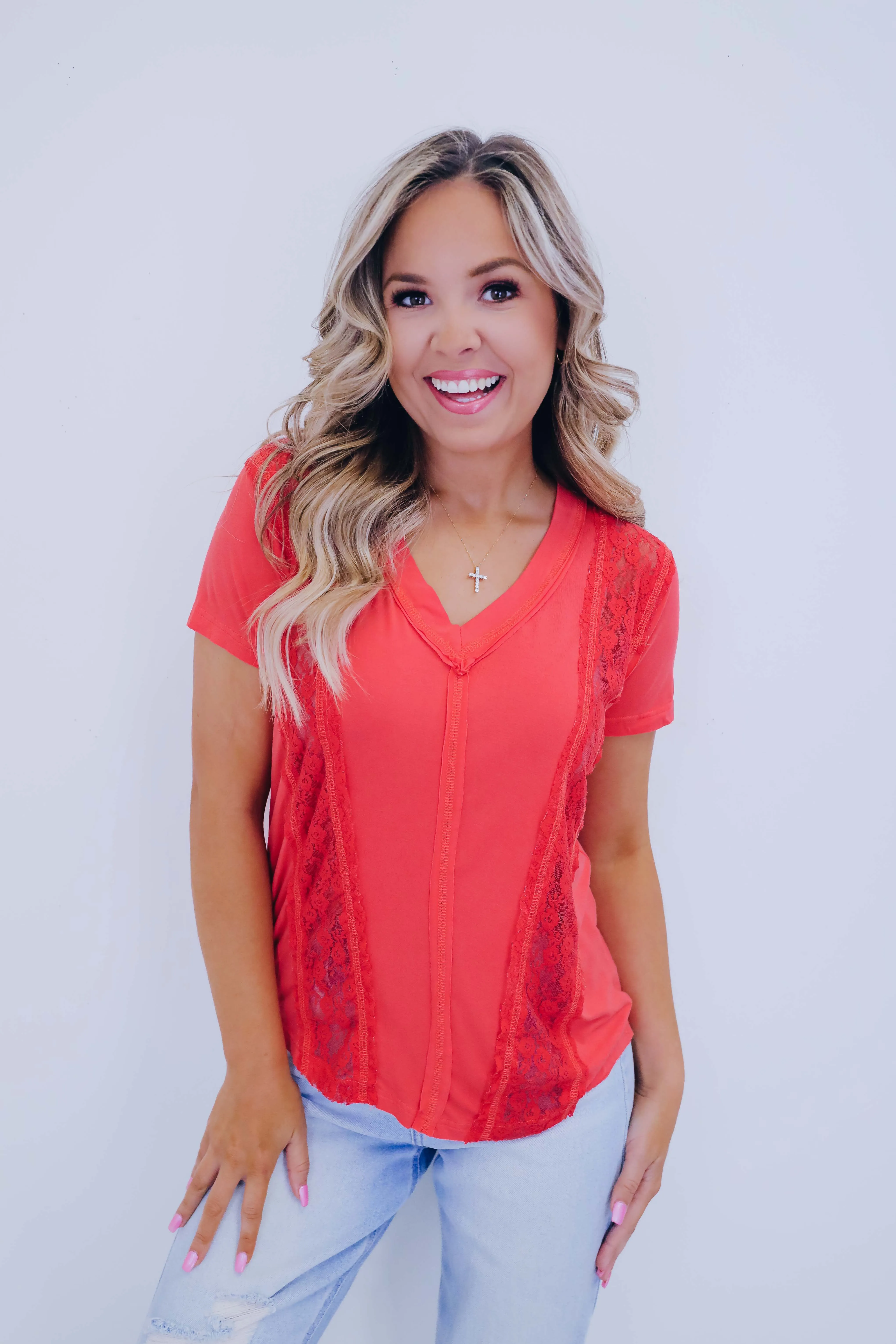 Kaci Contrasting Lace V-Neck Top By POL - 3 Colors