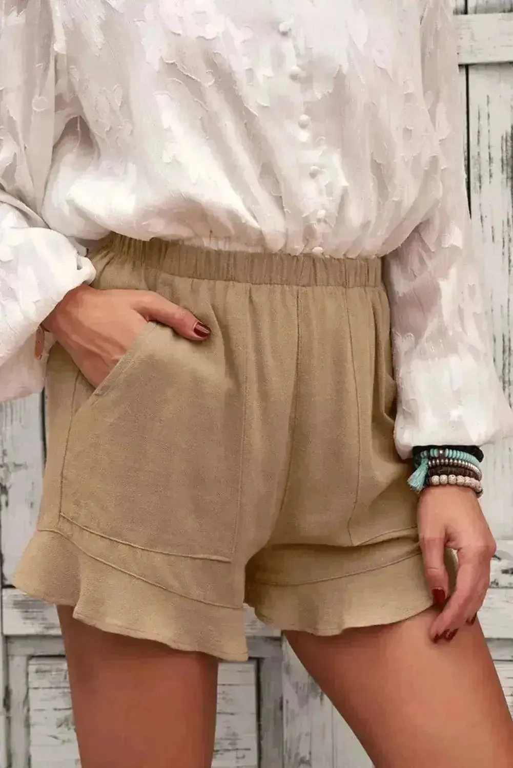 Khaki Flutter Shorts – Women Casual Pockets | Polyester-Spandex Blend