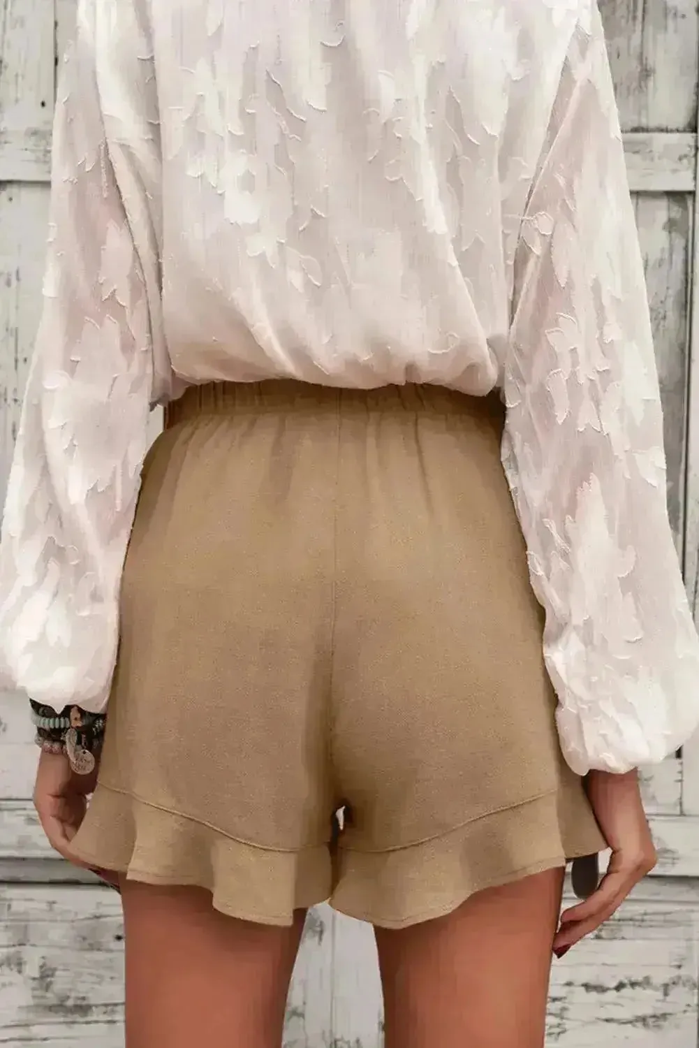 Khaki Flutter Shorts – Women Casual Pockets | Polyester-Spandex Blend