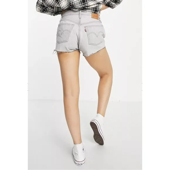 Levis Premium Womens 501 Denim Cutoff Shorts Gray High Rise Button Fly Raw Hem