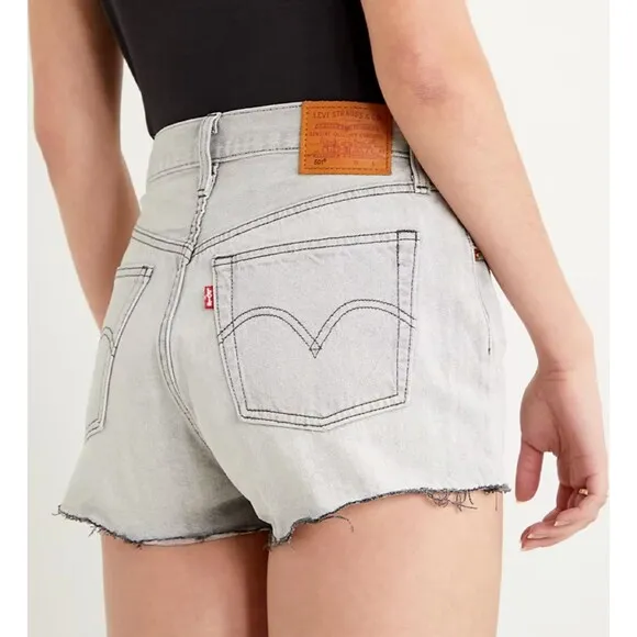 Levis Premium Womens 501 Denim Cutoff Shorts Gray High Rise Button Fly Raw Hem