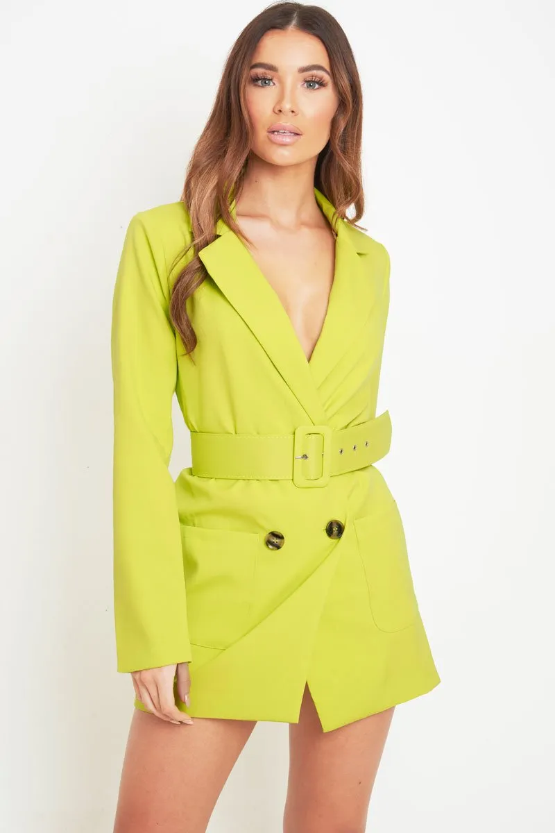 Lime Button Front Belted Blazer Dress - Justyne