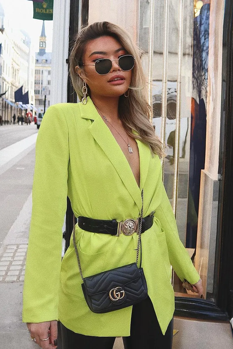 Lime Button Front Belted Blazer Dress - Justyne
