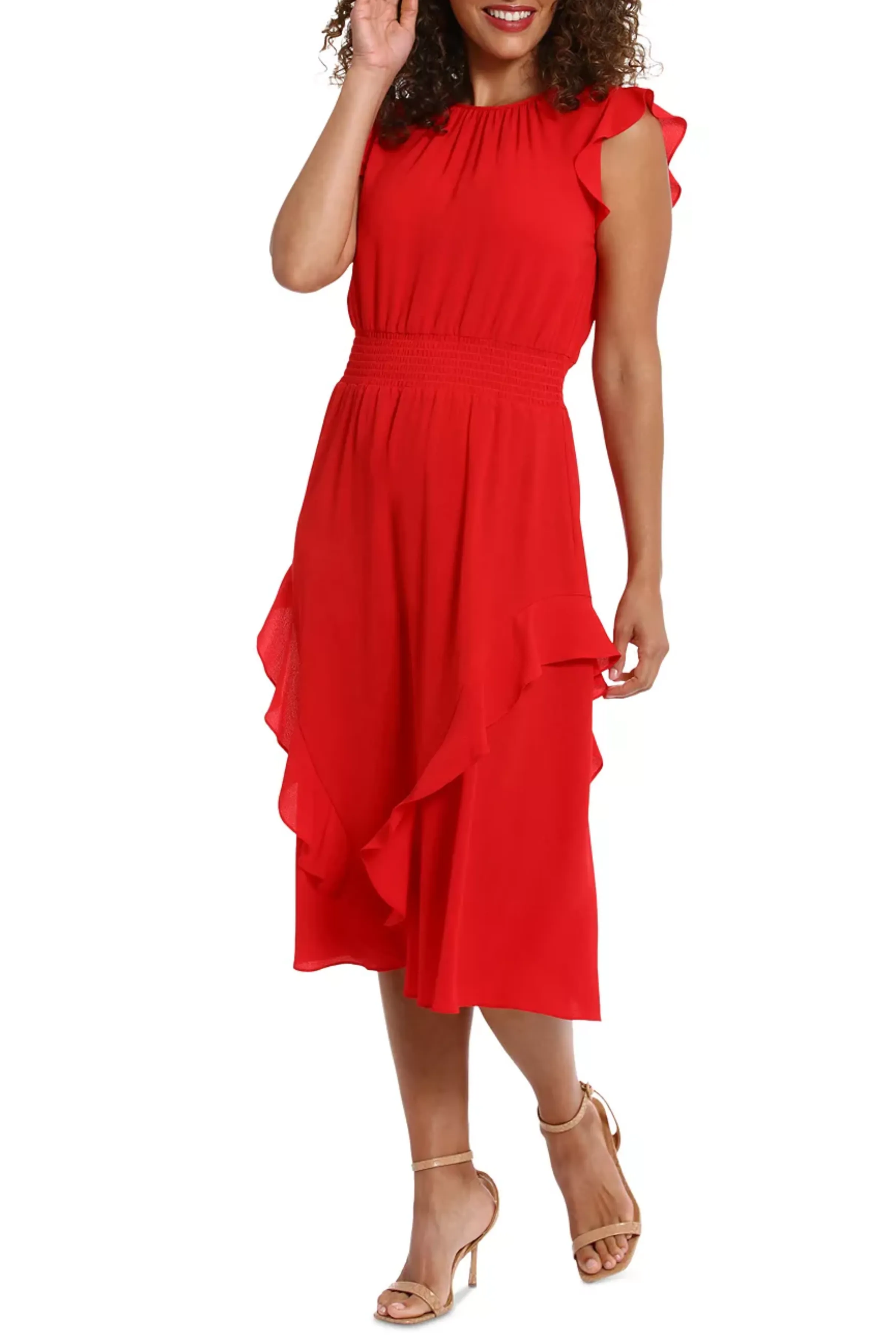 London Times Flutter Sleeve Smocked Waist Dress