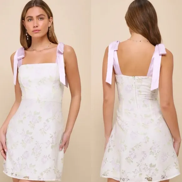 Lulus Sweeten the Day Cream Floral Burnout Tie-Strap Mini Dress