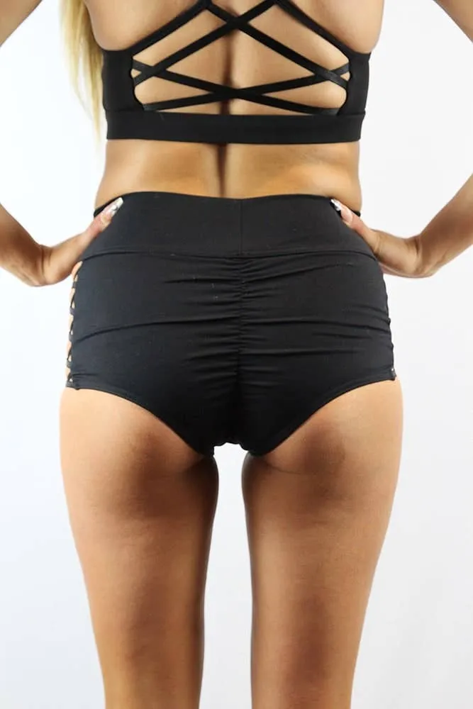 Matte Black Criss Cross Mid Waist Booty Shorts