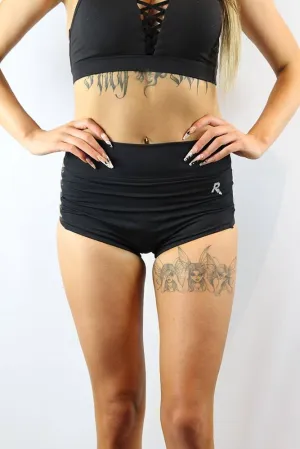 Matte Black Criss Cross Mid Waist Booty Shorts
