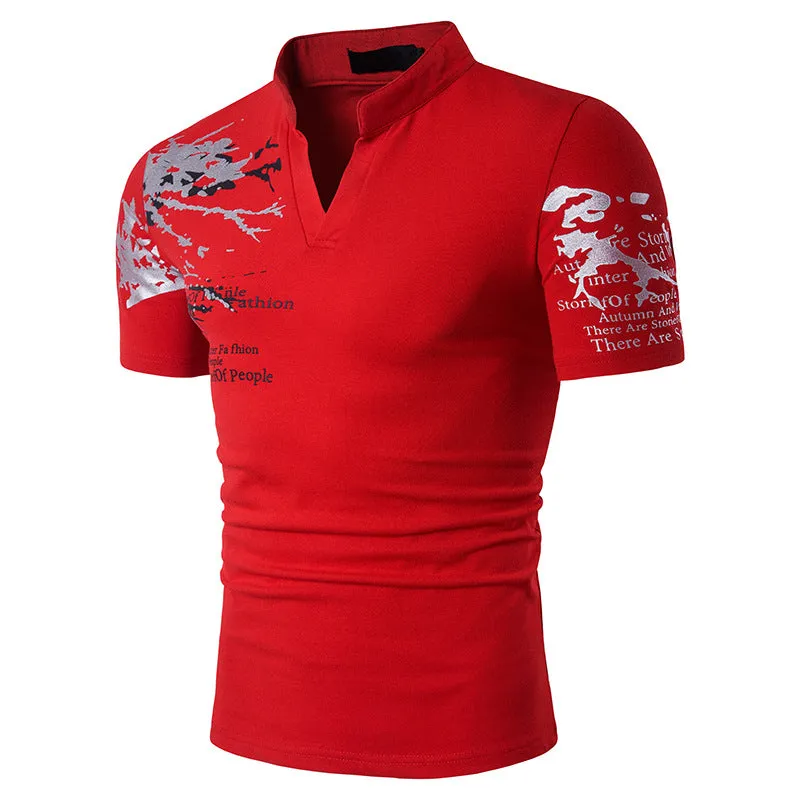 Men's Hollow Out Printing Henry Stand-Up Collar Short Sleeves Plus Size T-shirt
