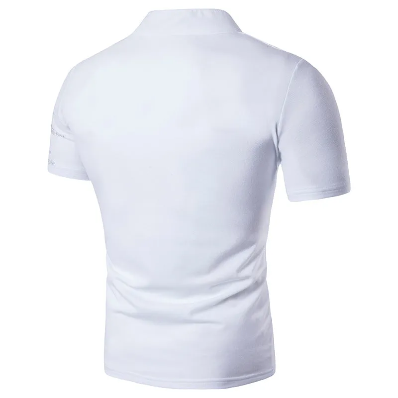 Men's Hollow Out Printing Henry Stand-Up Collar Short Sleeves Plus Size T-shirt